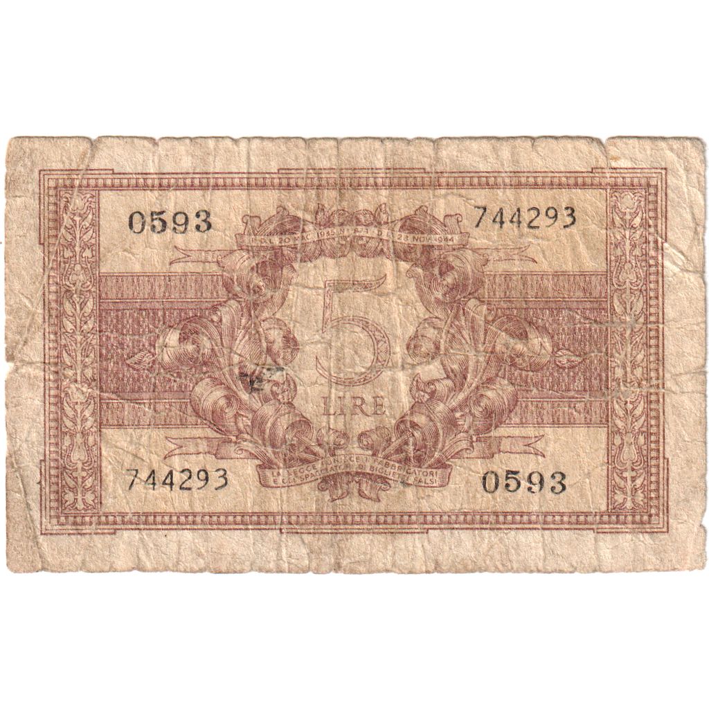 Itália, 5 Lire, 1944-11-23, VF(20-25)