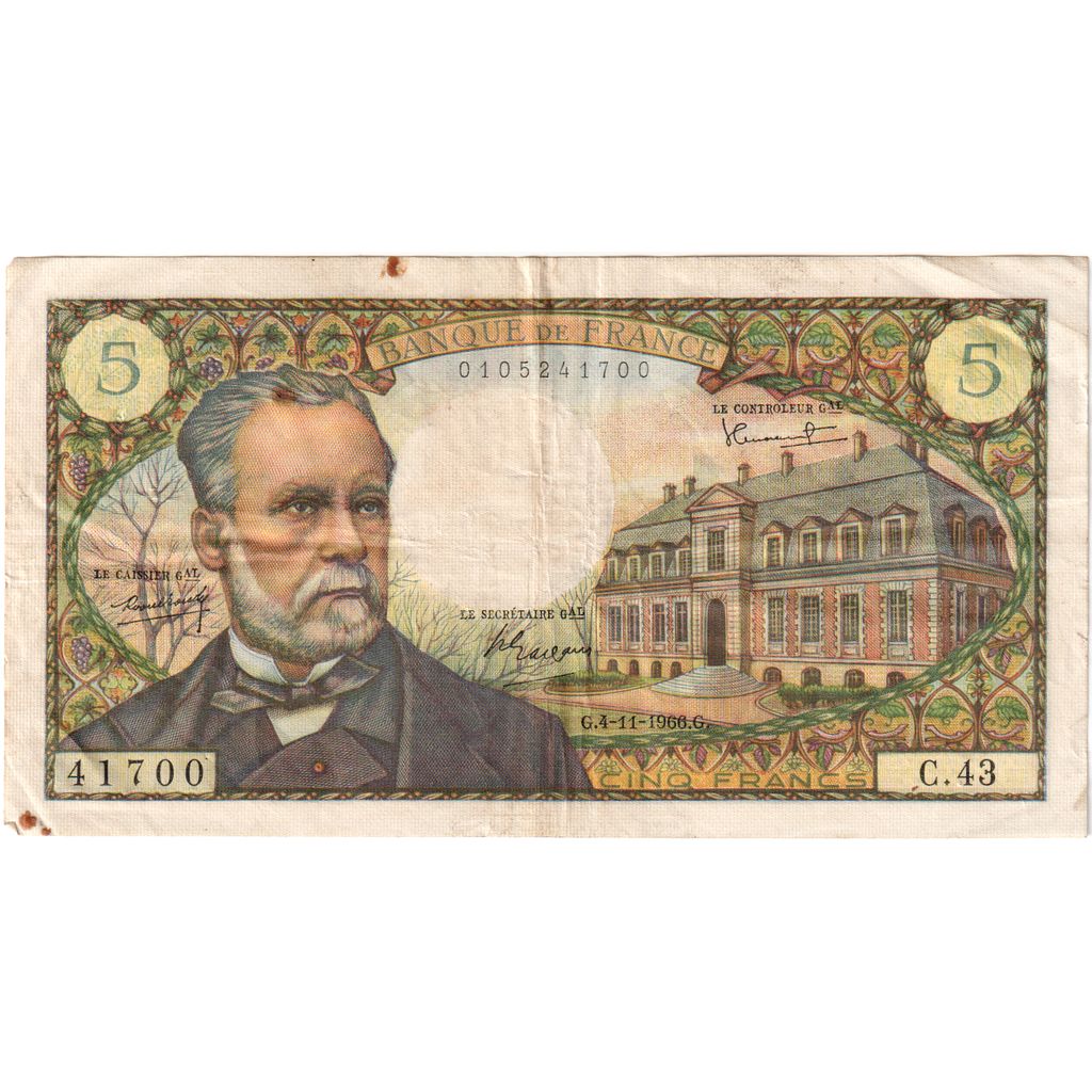 Francja, 5 Francs, Pasteur, 1967-05-05, C.43, EF(40-45)