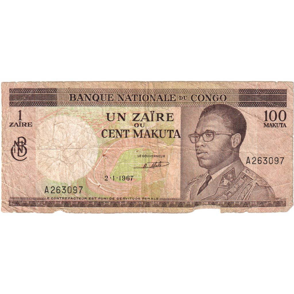 República Democrática do Congo, 1 Zaïre = 100 Makuta, 1967-01-02, VG(8-10)