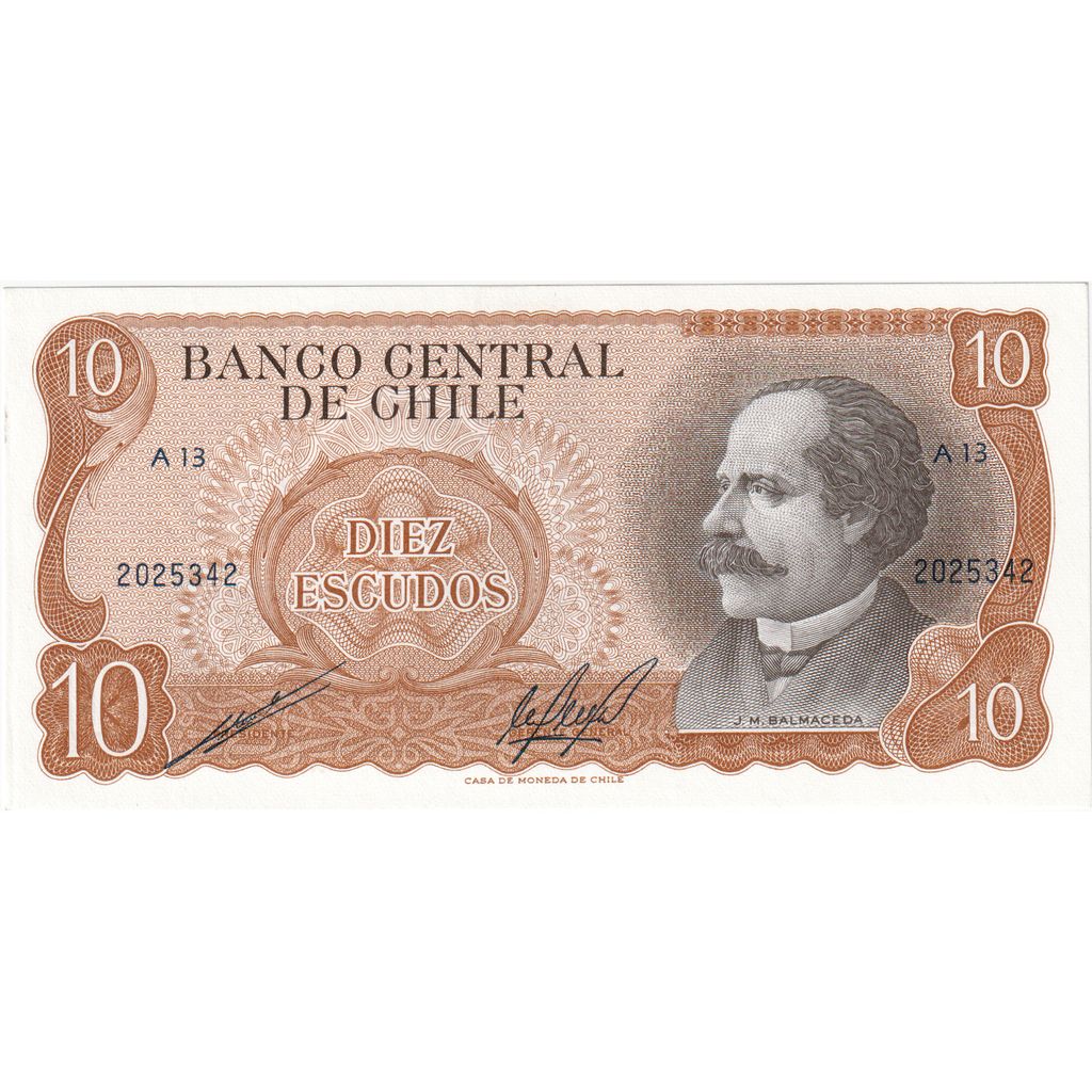 Biljet, Chili, 10 Escudos, 1967-1976, Undated, KM:142, SUP+
