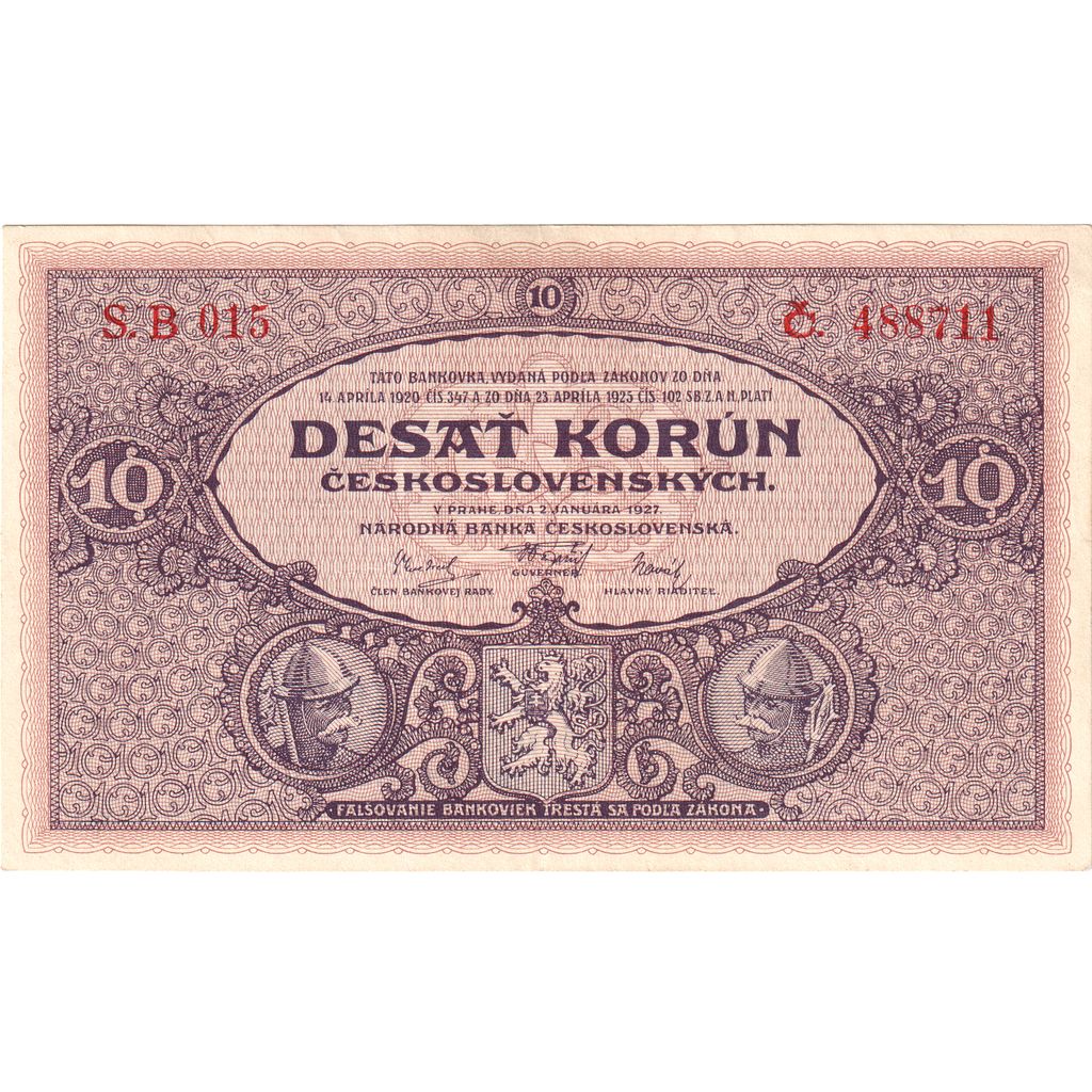 Czechoslovakia, 10 Korun, 1927-01-02, AU(50-53)