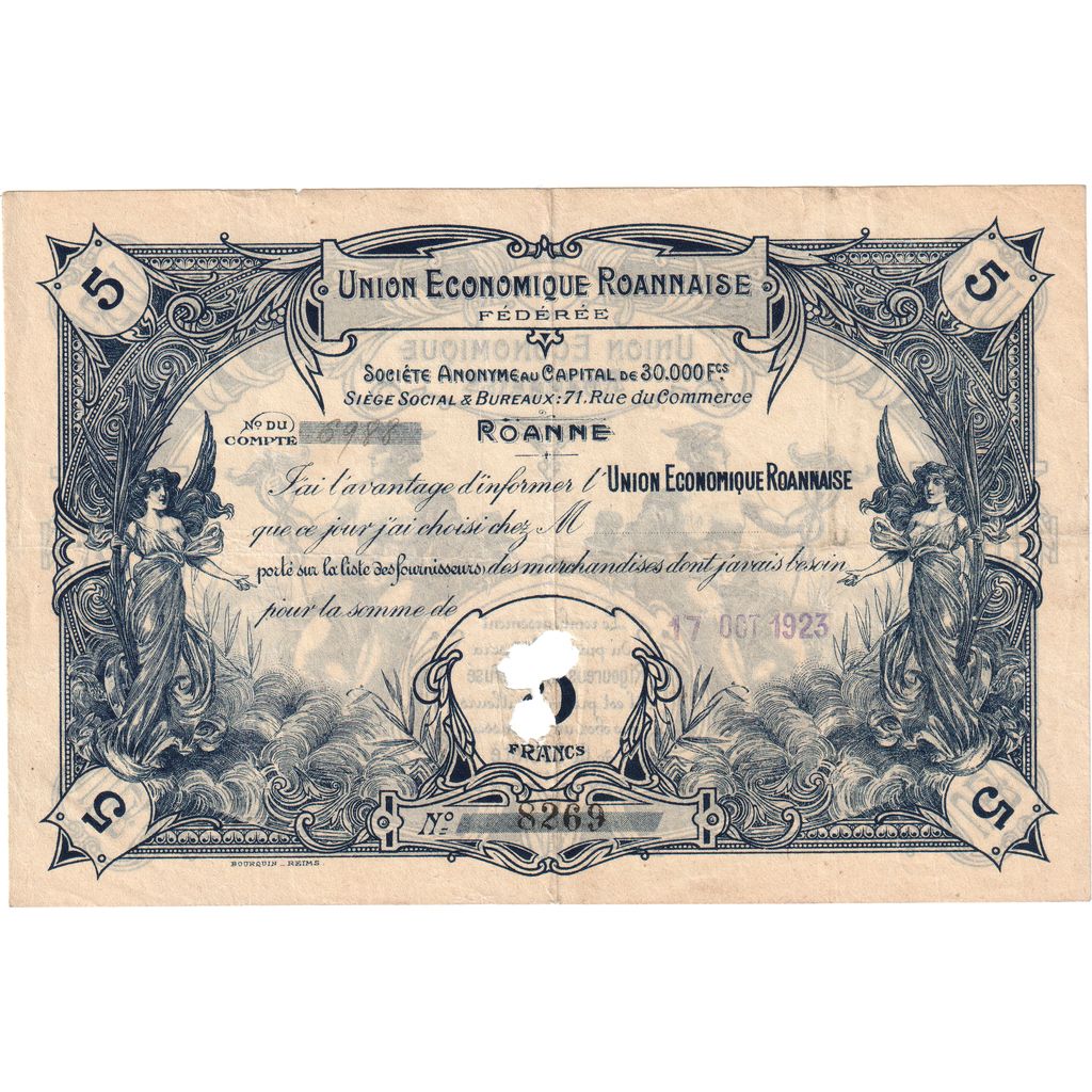 Francia, 5 Francs, 1923-10-17, UNION ECONOMIQUE ROANNAISE, BB