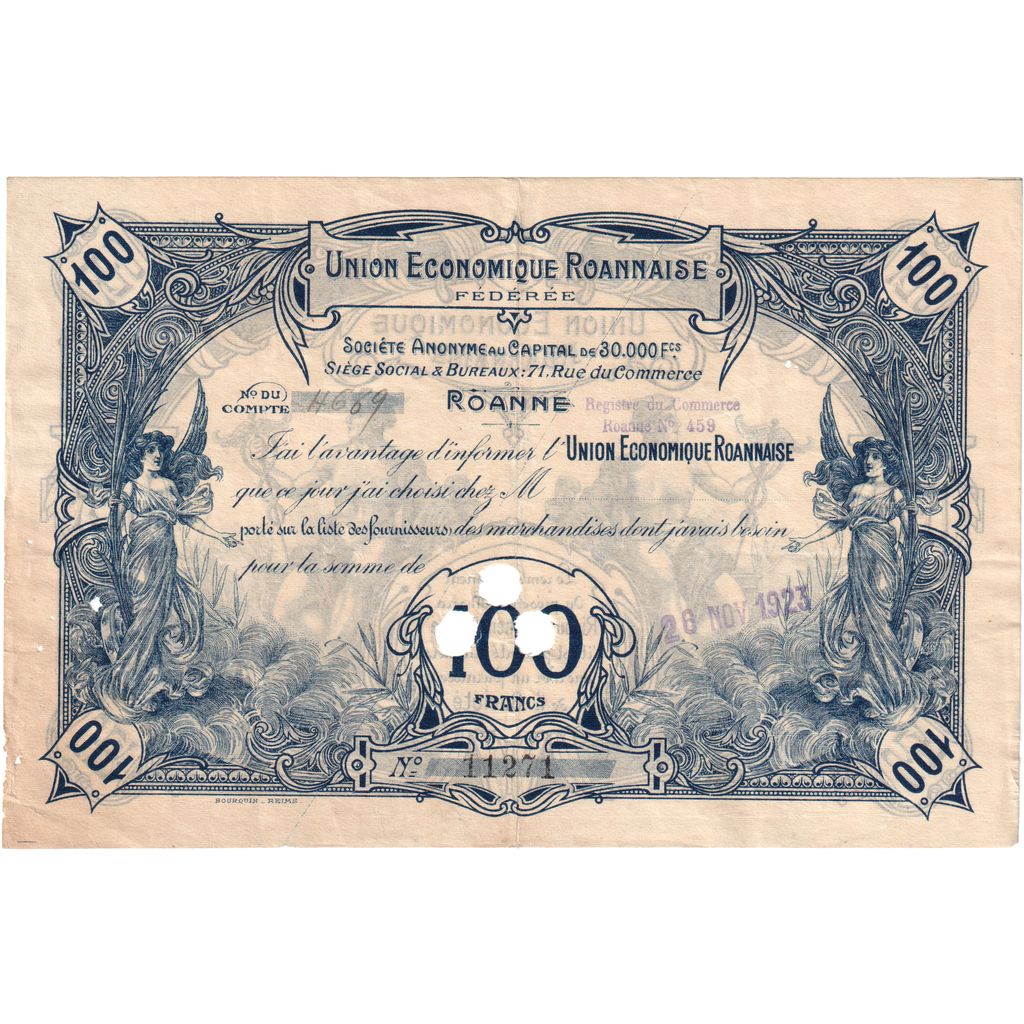 France, 100 Francs, 1923-11-26, UNION ECONOMIQUE ROANNAISE, EF(40-45)