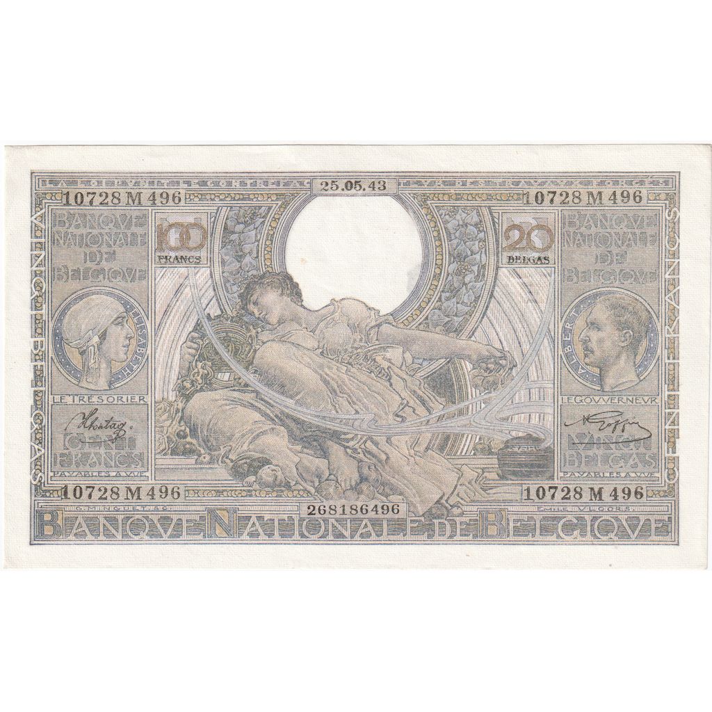 Belgium, 100 Francs-20 Belgas, 1943-05-25, AU(55-58)