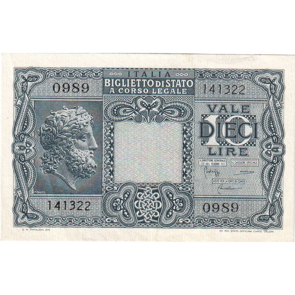Banknot, Włochy, 10 Lire, KM:32a, AU(55-58)