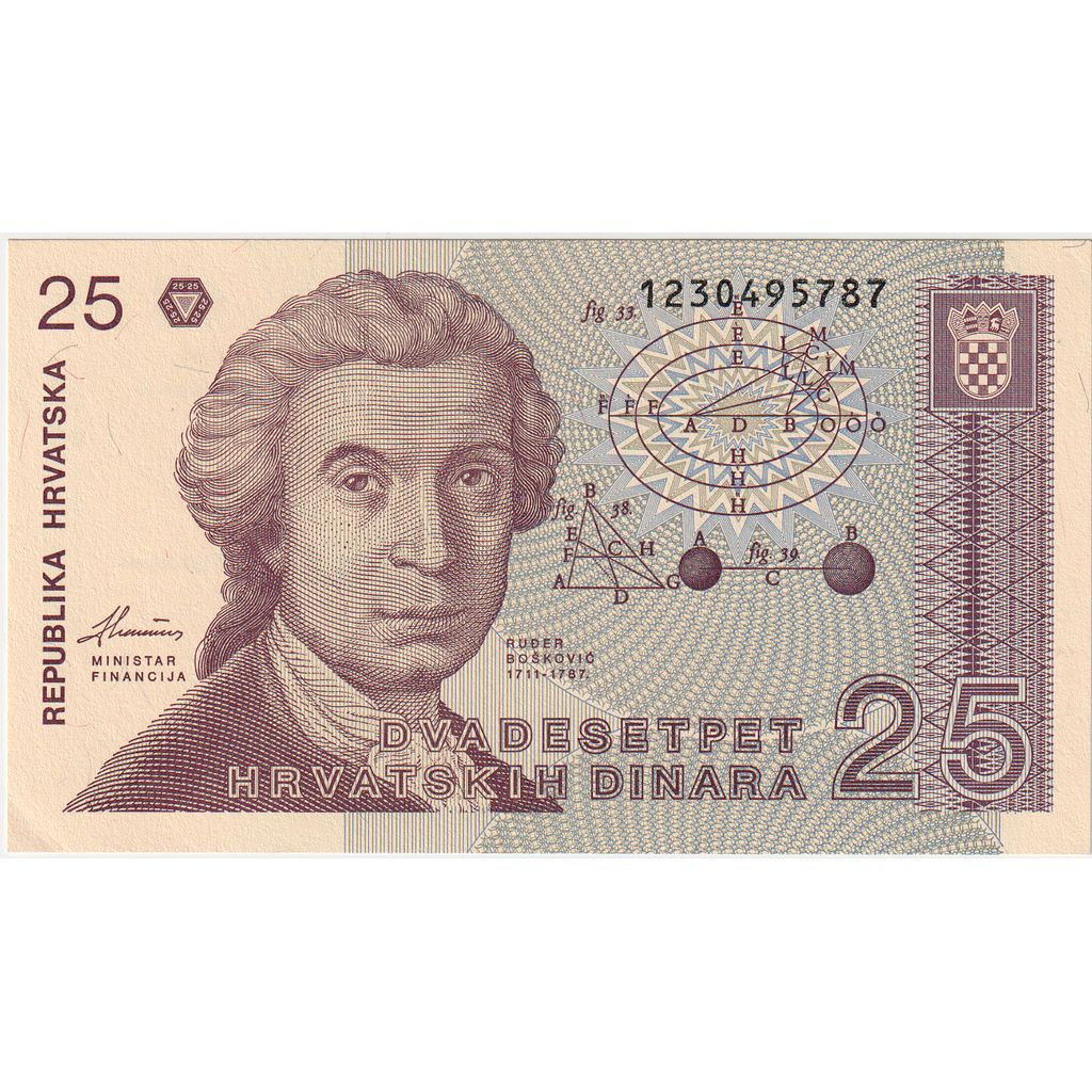 Nota, Croácia, 25 Dinara, Undated (1991), 1991-10-08, KM:19a, UNC(65-70)