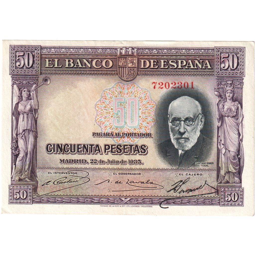 Nota, Espanha, 50 Pesetas, 1935, 1935-07-22, KM:88, AU(55-58)
