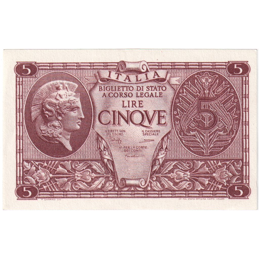Itália, 5 Lire, 1944-11-23, UNC(65-70)