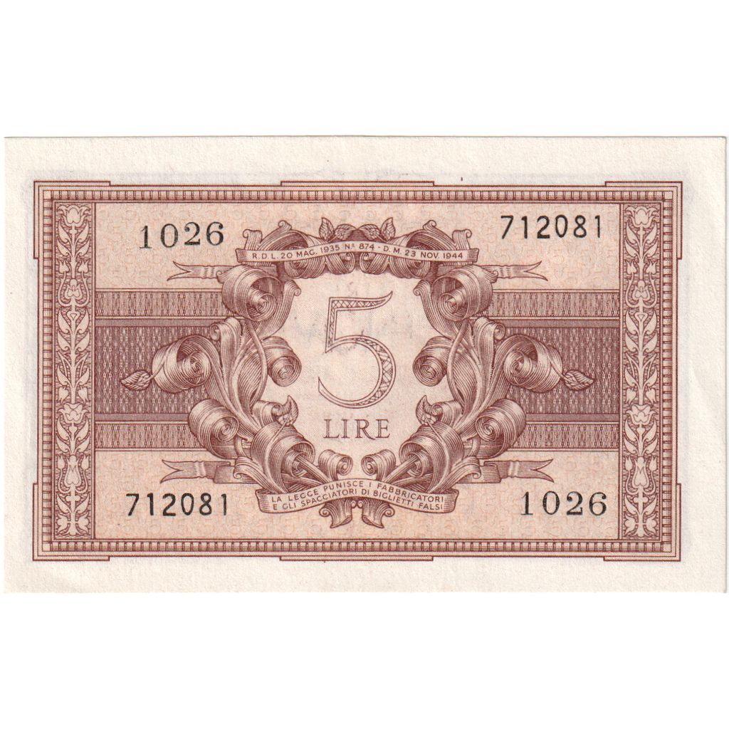 Itália, 5 Lire, 1944-11-23, UNC(65-70)
