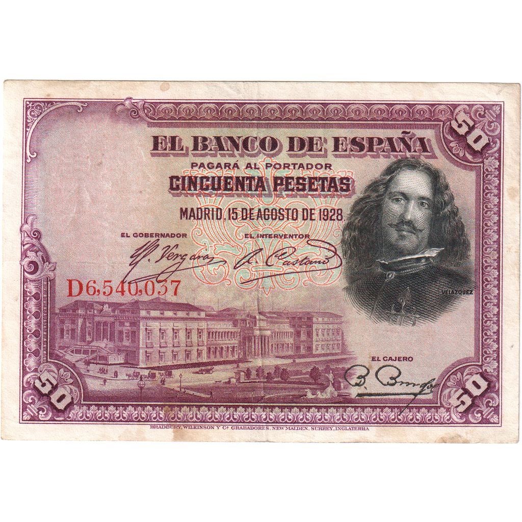 Biljet, Spanje, 50 Pesetas, 1928-08-15, KM:75b, TTB