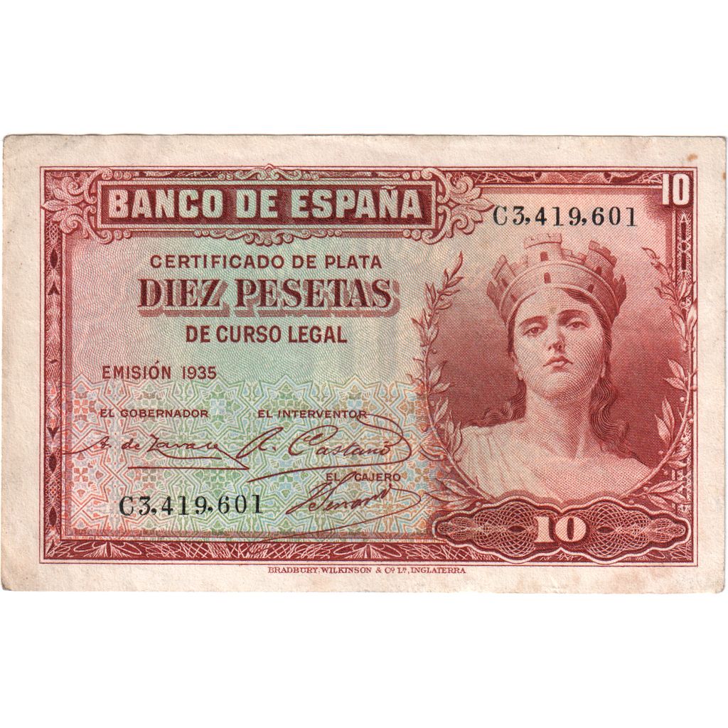 Biljet, Spanje, 10 Pesetas, 1935, Undated, KM:86a, TTB