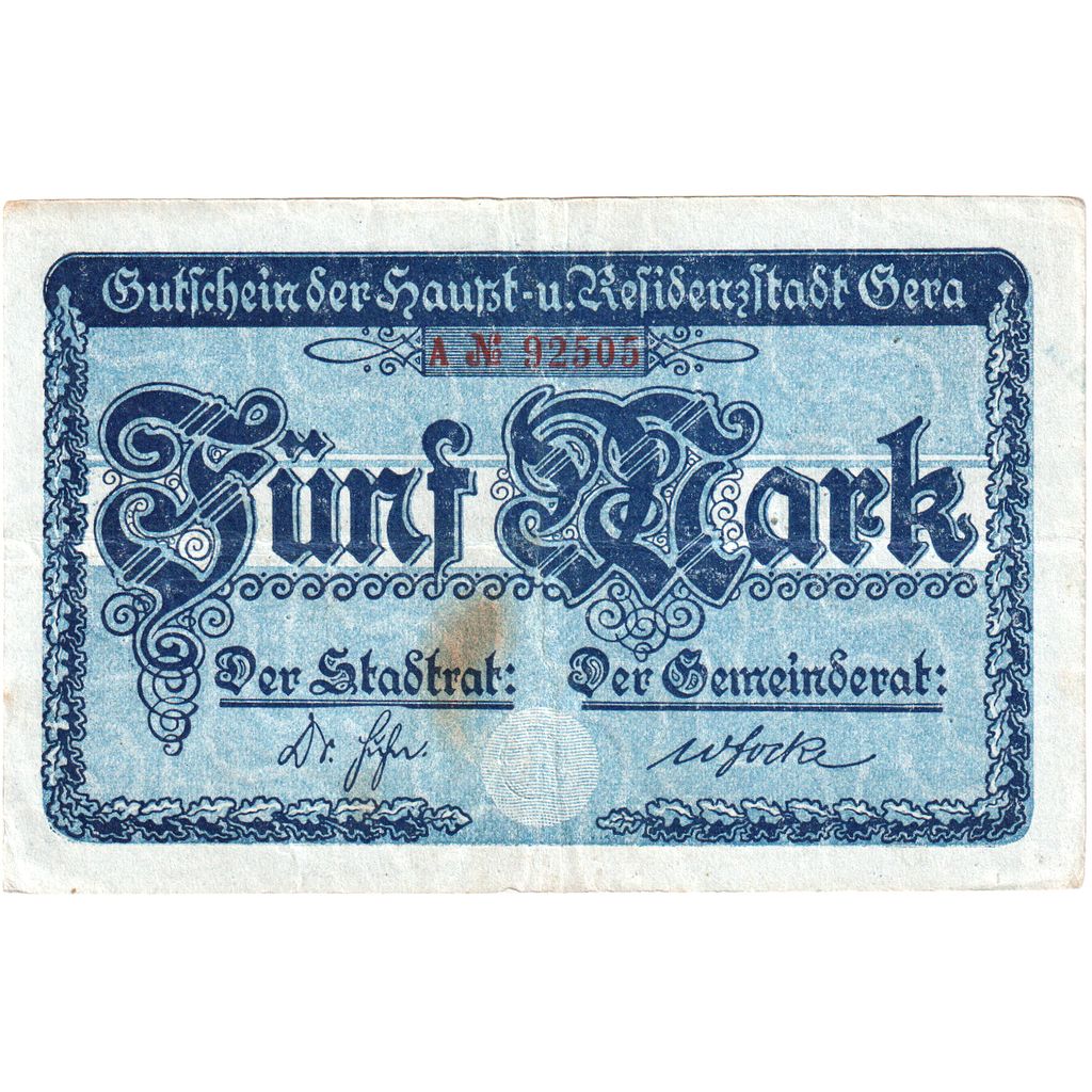 Germania, Gera Stadt, 5 Mark, 1919-02-01, BB+