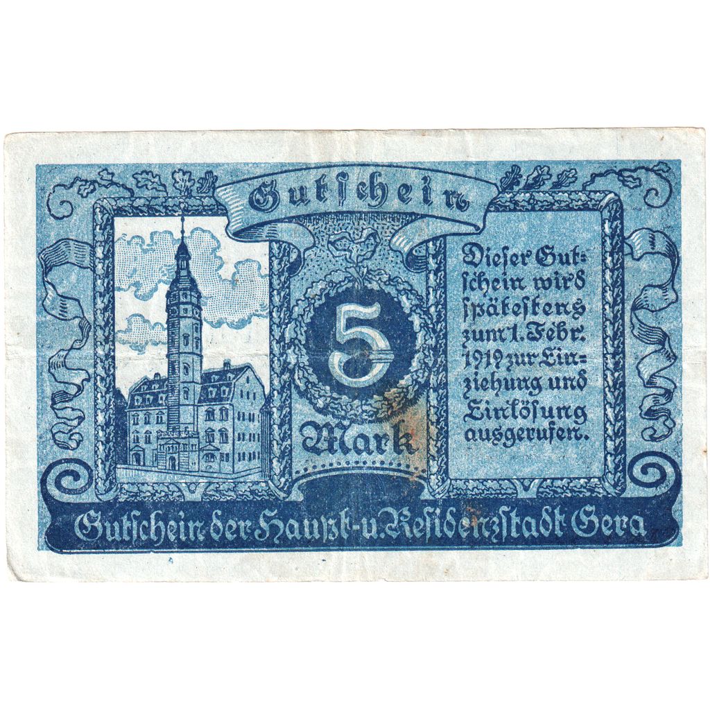 Germania, Gera Stadt, 5 Mark, 1919-02-01, BB+