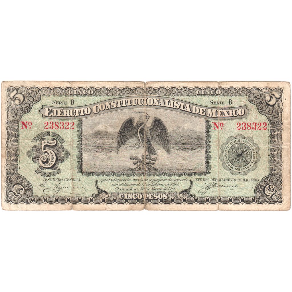 Mexico, 5 Pesos, 1914, TB