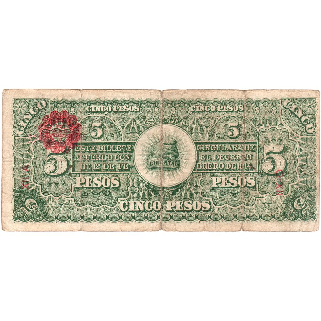 Mexico, 5 Pesos, 1914, TB