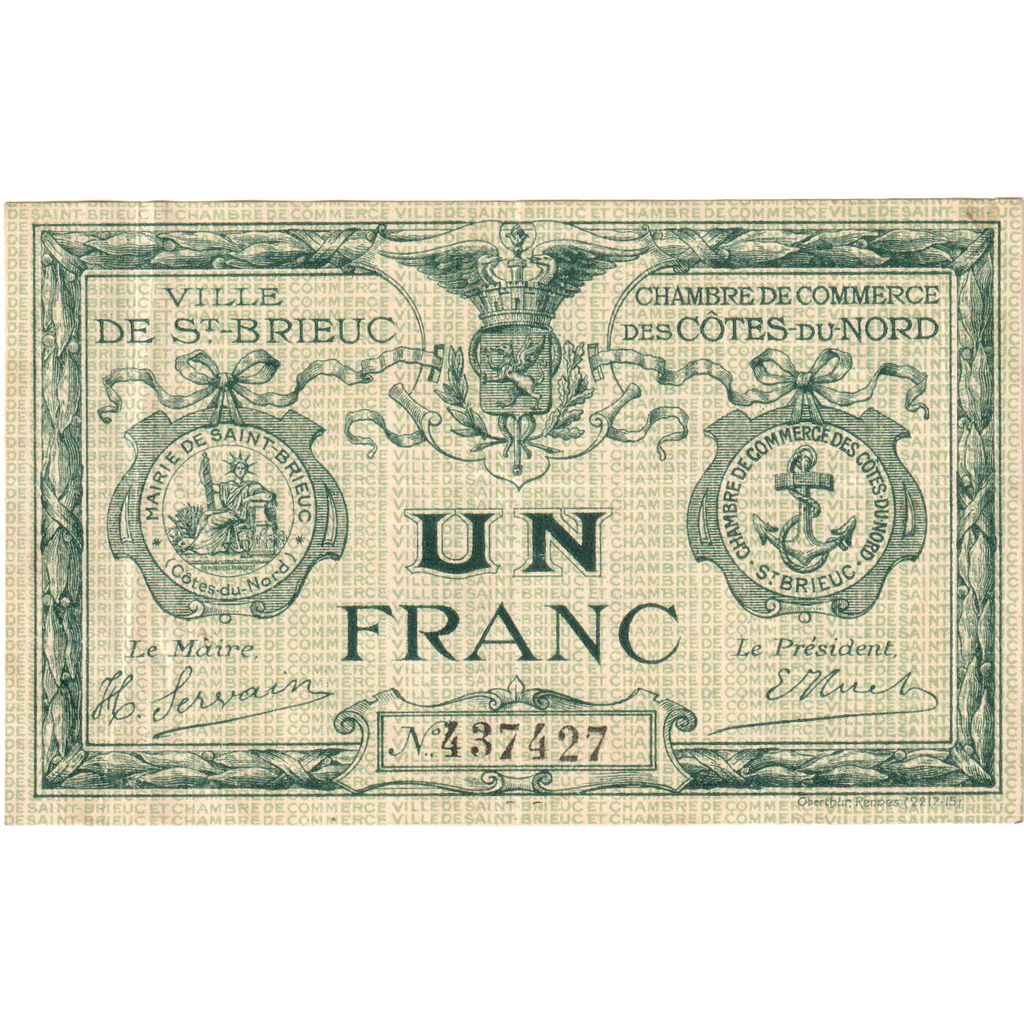 France, St Brieuc., 1 Franc, Chambre de Commerce, TTB, Pirot:111-6