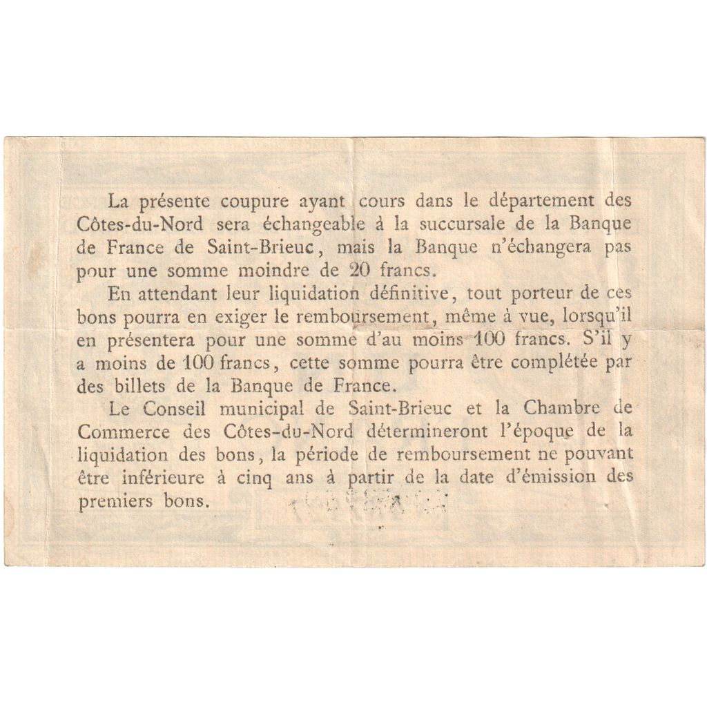 France, St Brieuc., 1 Franc, Chambre de Commerce, TTB, Pirot:111-6