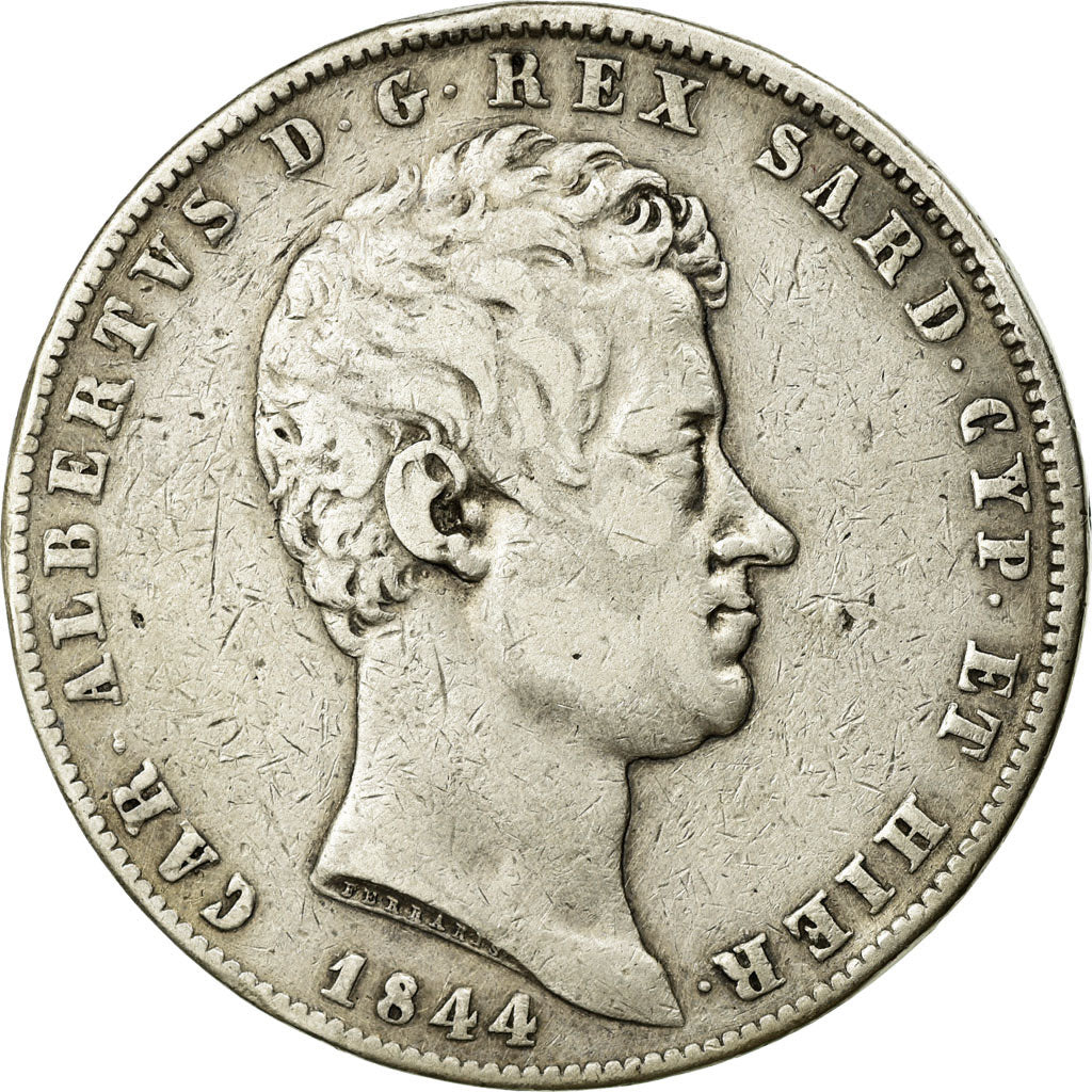 Moneta, DEPARTAMENTY WŁOSKIE, SARDINIA, Carlo Alberto, 5 Lire, 1844, Genoa
