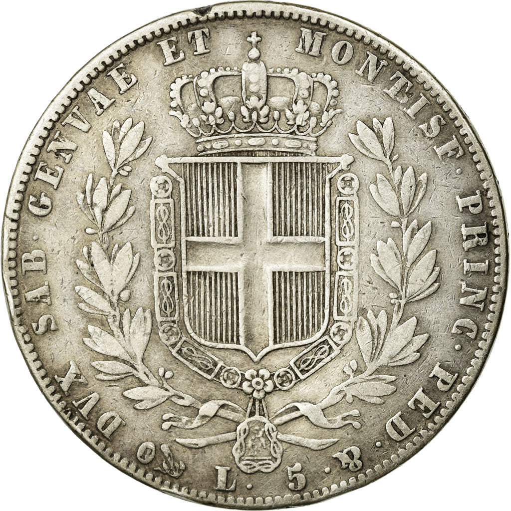 Moneta, DEPARTAMENTY WŁOSKIE, SARDINIA, Carlo Alberto, 5 Lire, 1844, Genoa