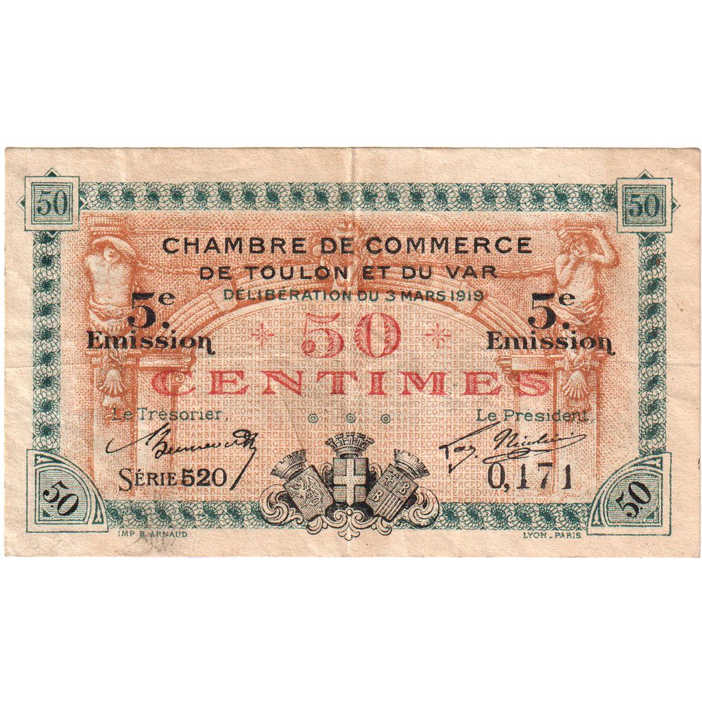 France, Toulon, 50 Centimes, 1919-03-03, Chambre de Commerce, TTB, Pirot:121-18