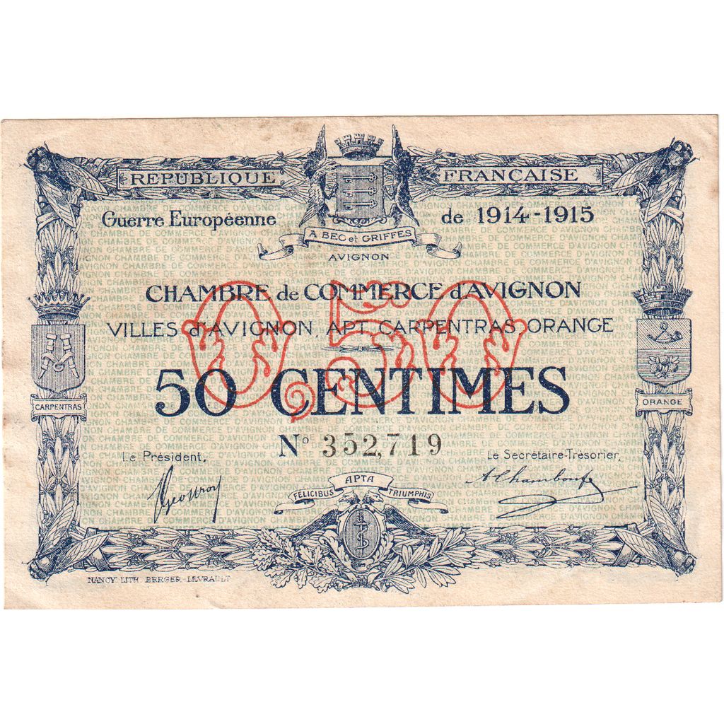 France, AVIGNON, 50 Centimes, 1914-1915, Chambre de Commerce, EF(40-45)