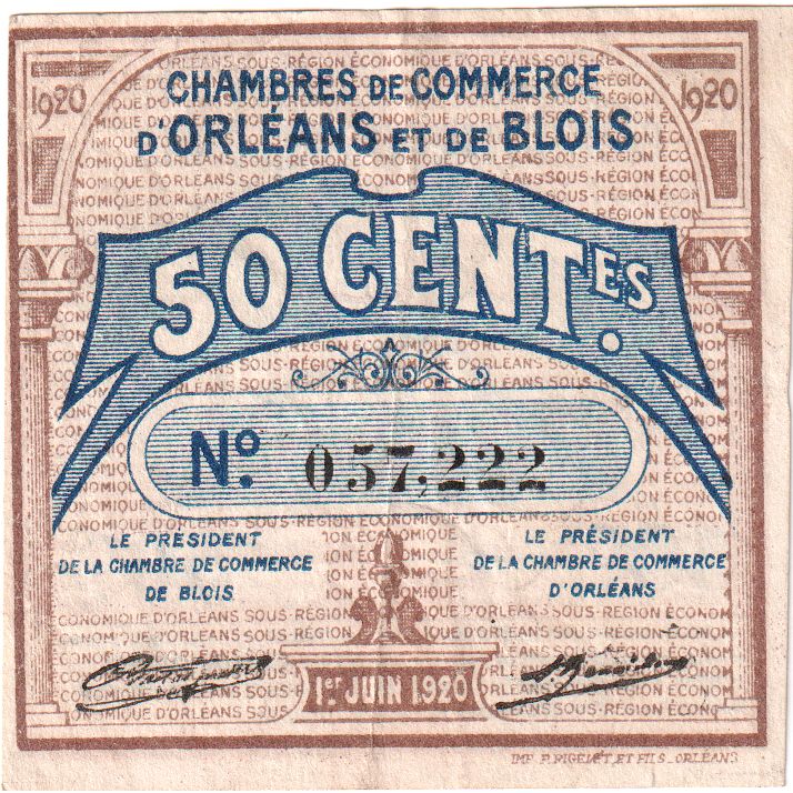 France, ORLEANS ET BLOIS, 50 Centimes, 1920-06-01, Chambre de Commerce, TTB+