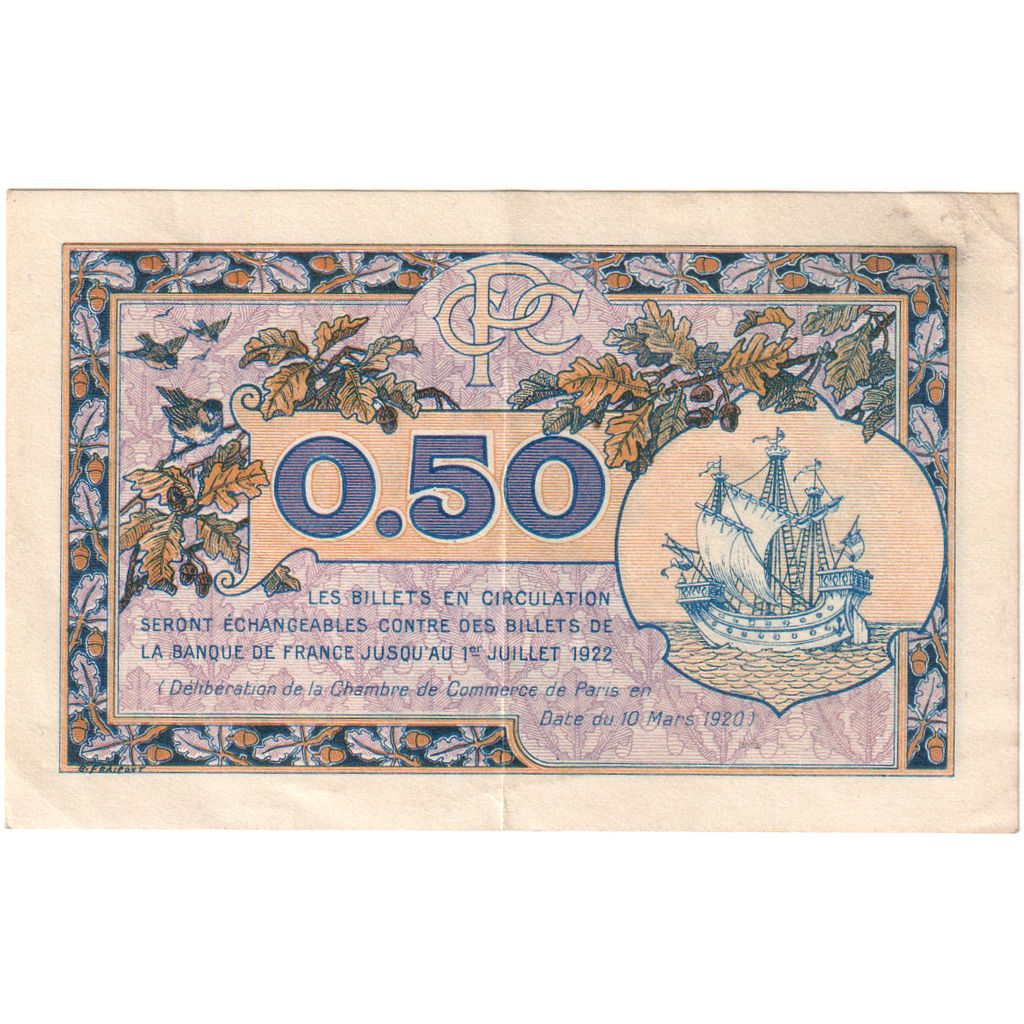 France, Paris, 50 Centimes, 1922-07-01, Chambre de Commerce, AU(55-58)