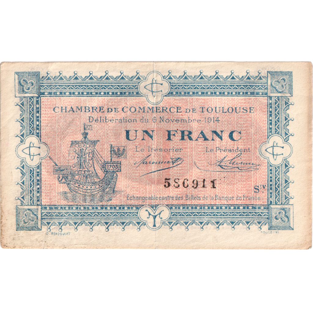 France, Toulouse, 1 Franc, 1914-11-06, Chambre de Commerce, EF(40-45)