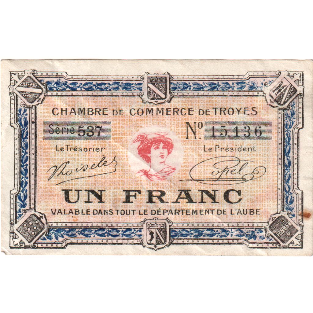 Francia, Troyes, 1 Franc, Undated (1918), Chambre de Commerce, BB, Pirot:124-9