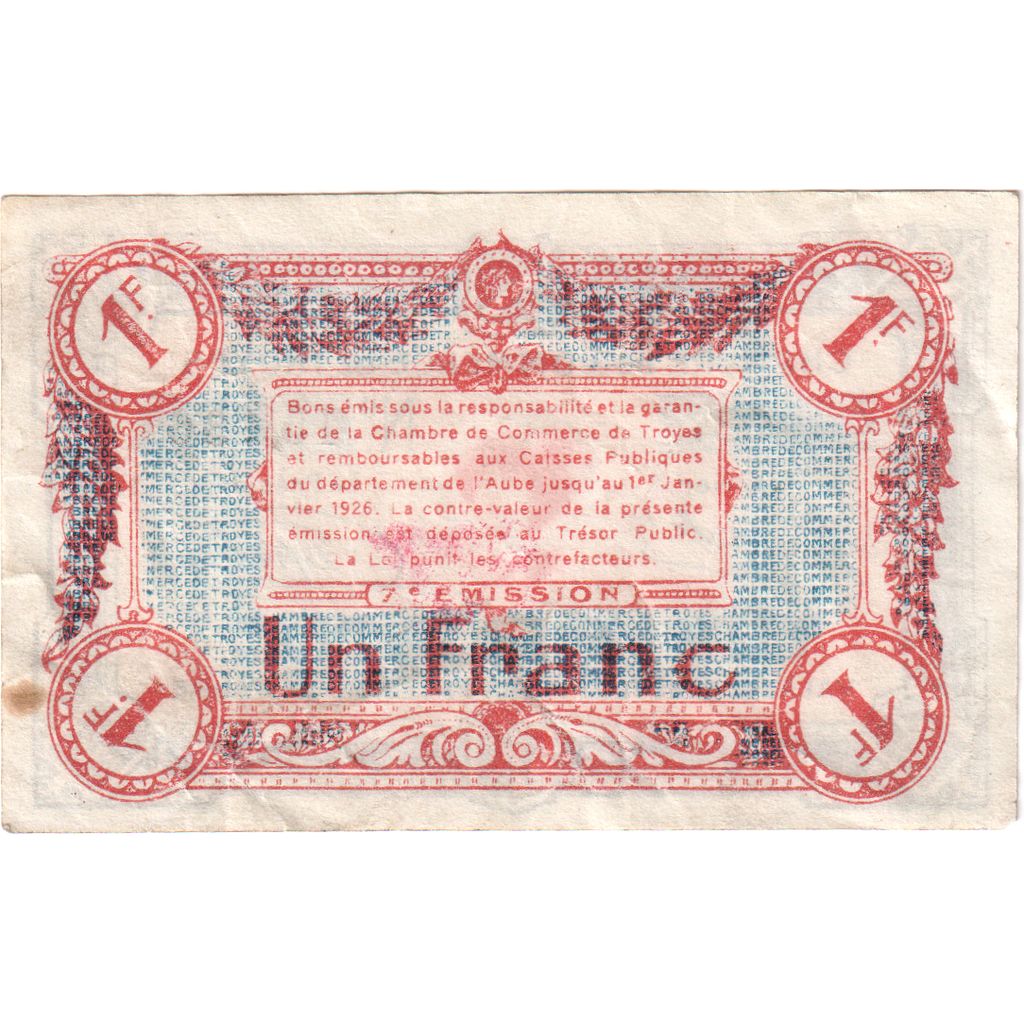 Francia, Troyes, 1 Franc, Undated (1918), Chambre de Commerce, BB, Pirot:124-9