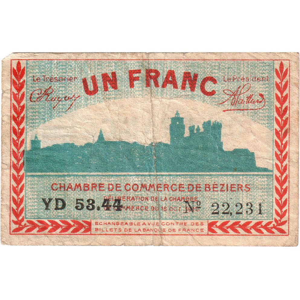 France, Béziers, 1 Franc, 1919-10-18, Chambre de Commerce, VF(30-35)