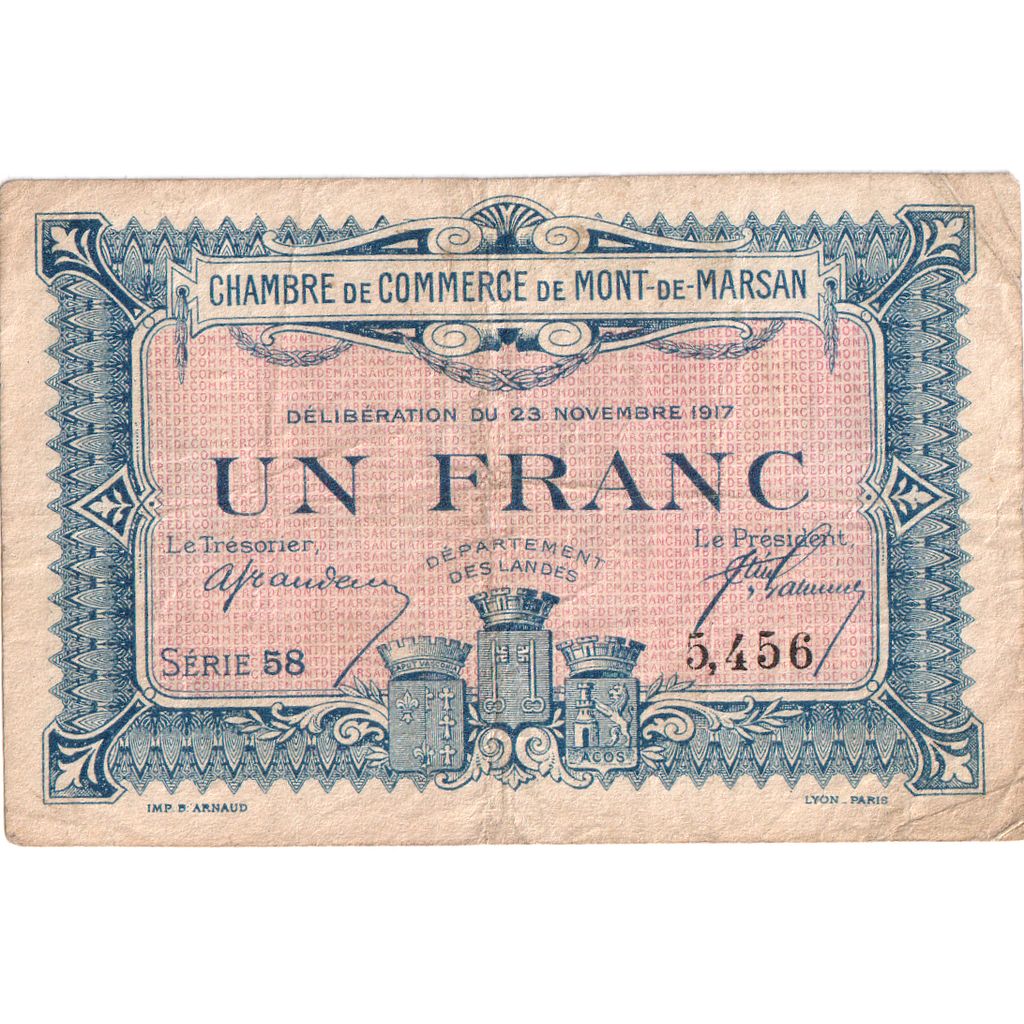 France, MONT DE MARSAN, 1 Franc, 1917-11-23, Chambre de Commerce, EF(40-45)