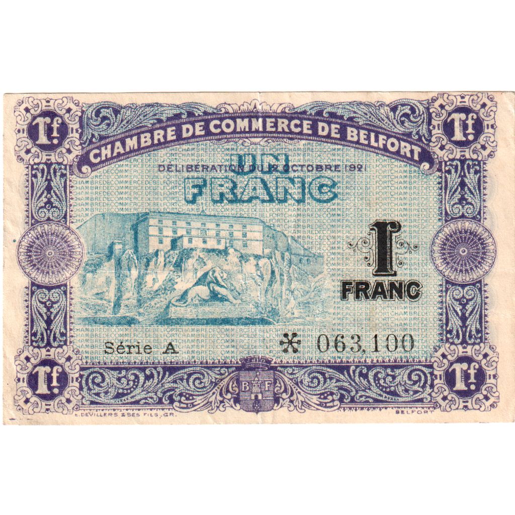 Francia, Belfort, 1 Franc, 1921-10-12, Chambre de Commerce, BB+