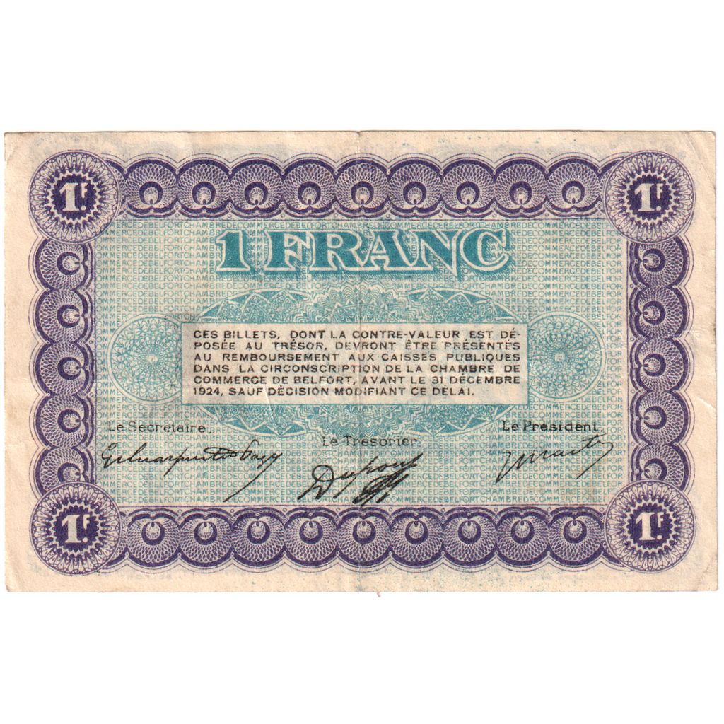 Francia, Belfort, 1 Franc, 1921-10-12, Chambre de Commerce, BB+