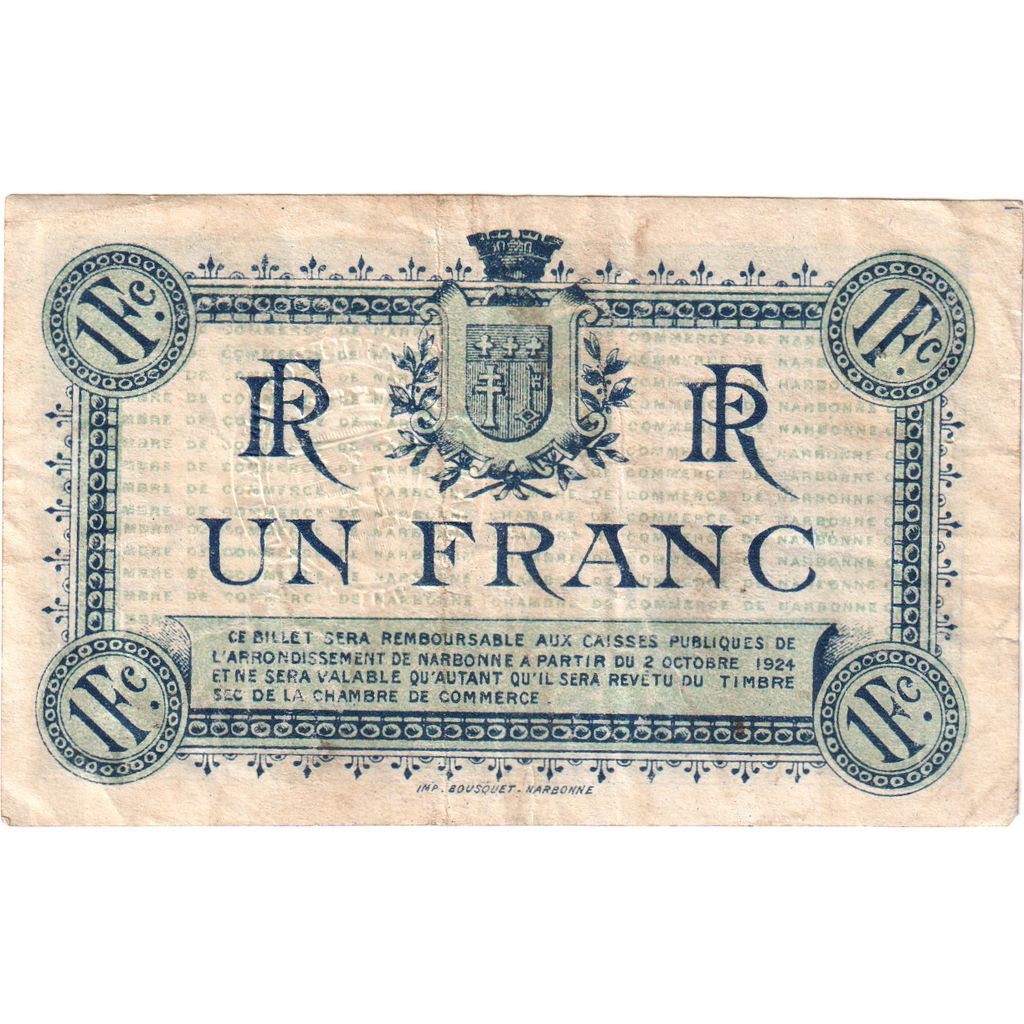 Frankrijk, Narbonne, 1 Franc, 1919-10-02, Chambre de commerce / Bon de, TTB