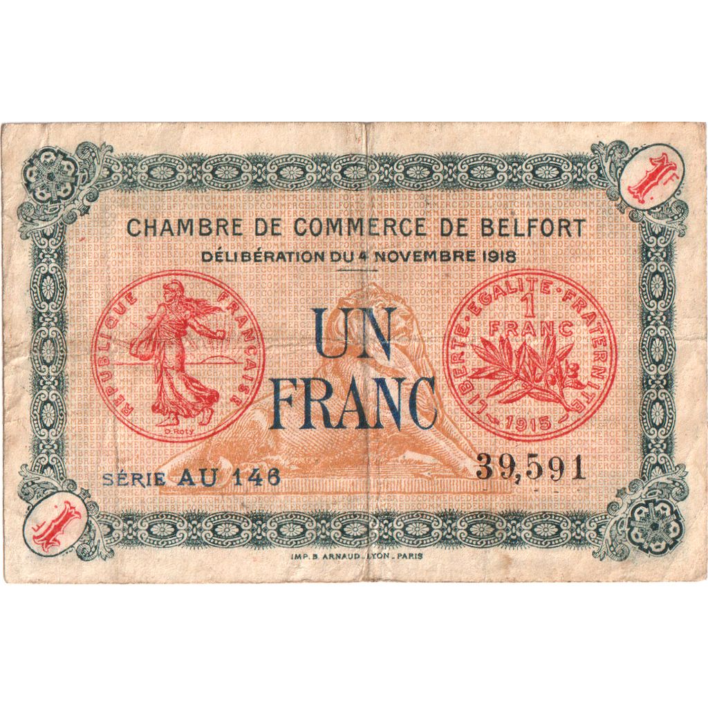 France, Belfort, 1 Franc, 1918-11-04, Chambre de Commerce, VF(30-35)