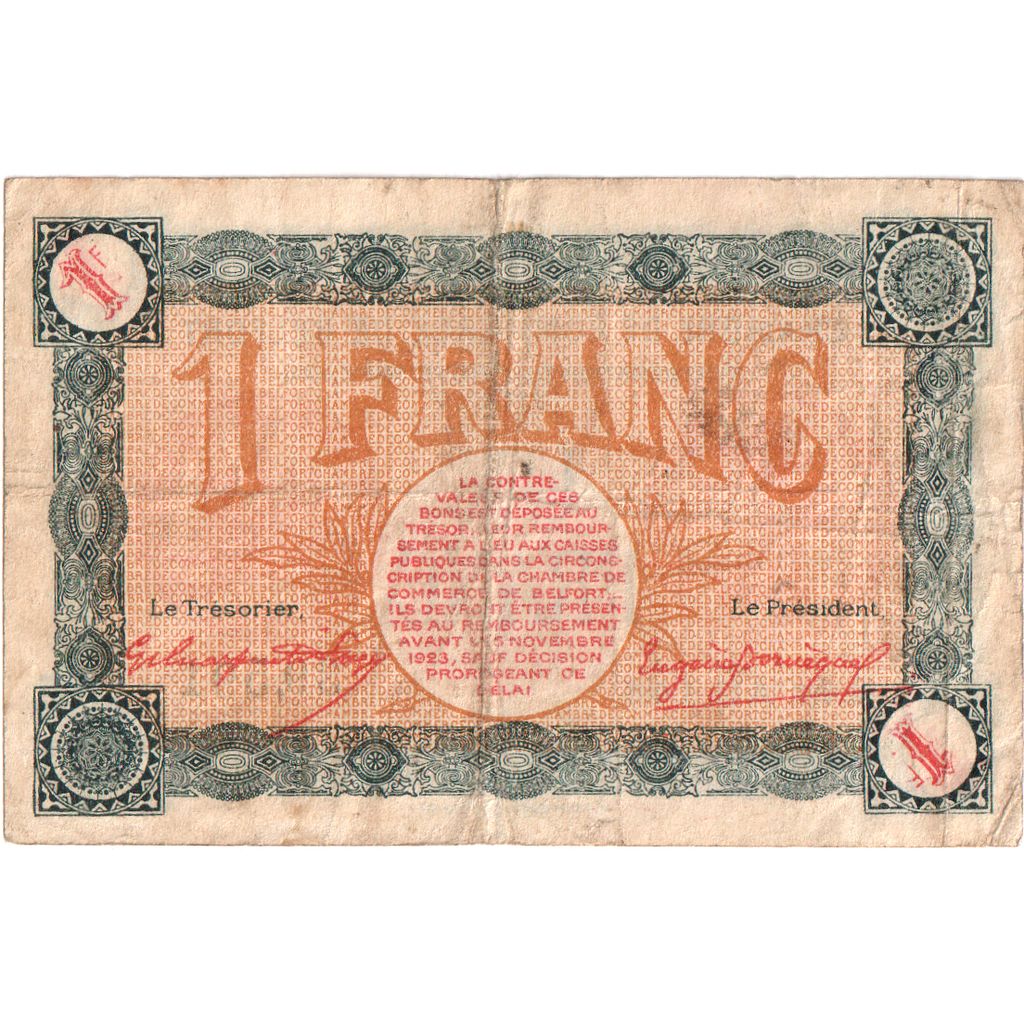 France, Belfort, 1 Franc, 1918-11-04, Chambre de Commerce, VF(30-35)