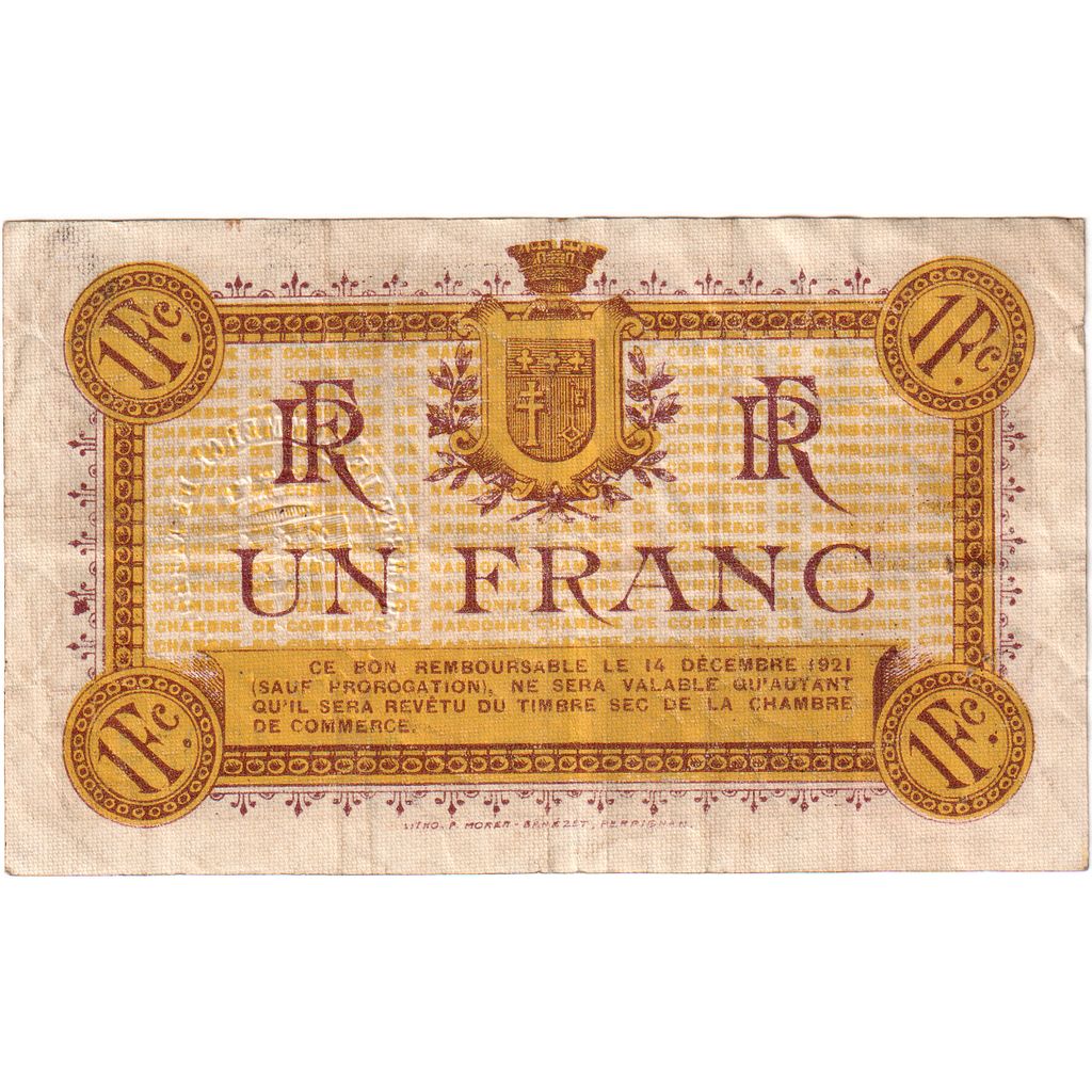 France, Narbonne, 1 Franc, 1916-11-14, Chambre de commerce / Bon de, EF(40-45)
