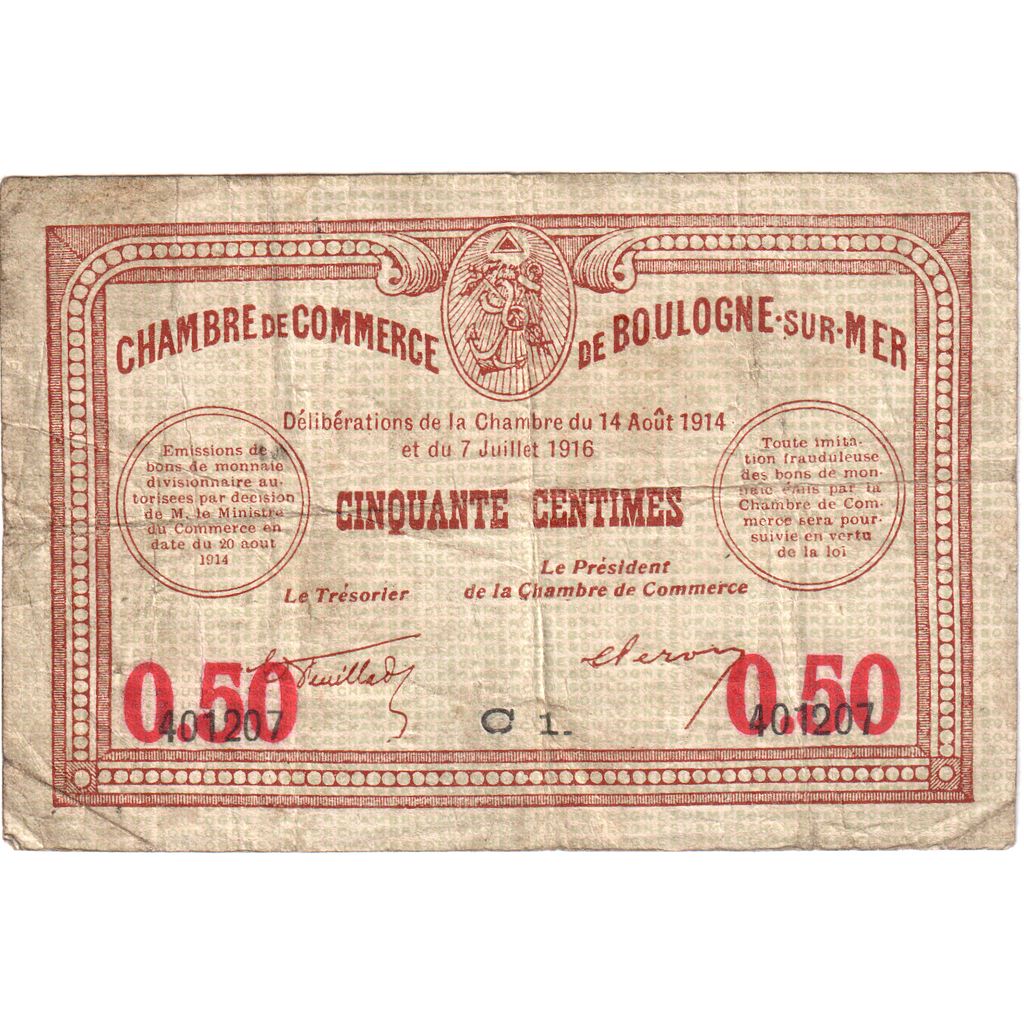 Francia, Boulogne/Mer, 50 Centimes, 1914-08-14, Chambre de Commerce, BC