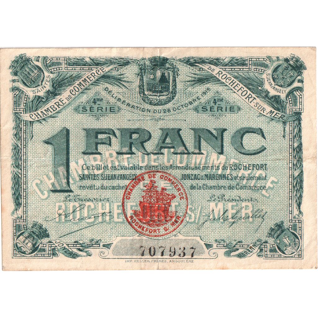 France, ROCHEFORT S/MER, 1 Franc, 1920-12-31, Chambre de Commerce, EF(40-45)