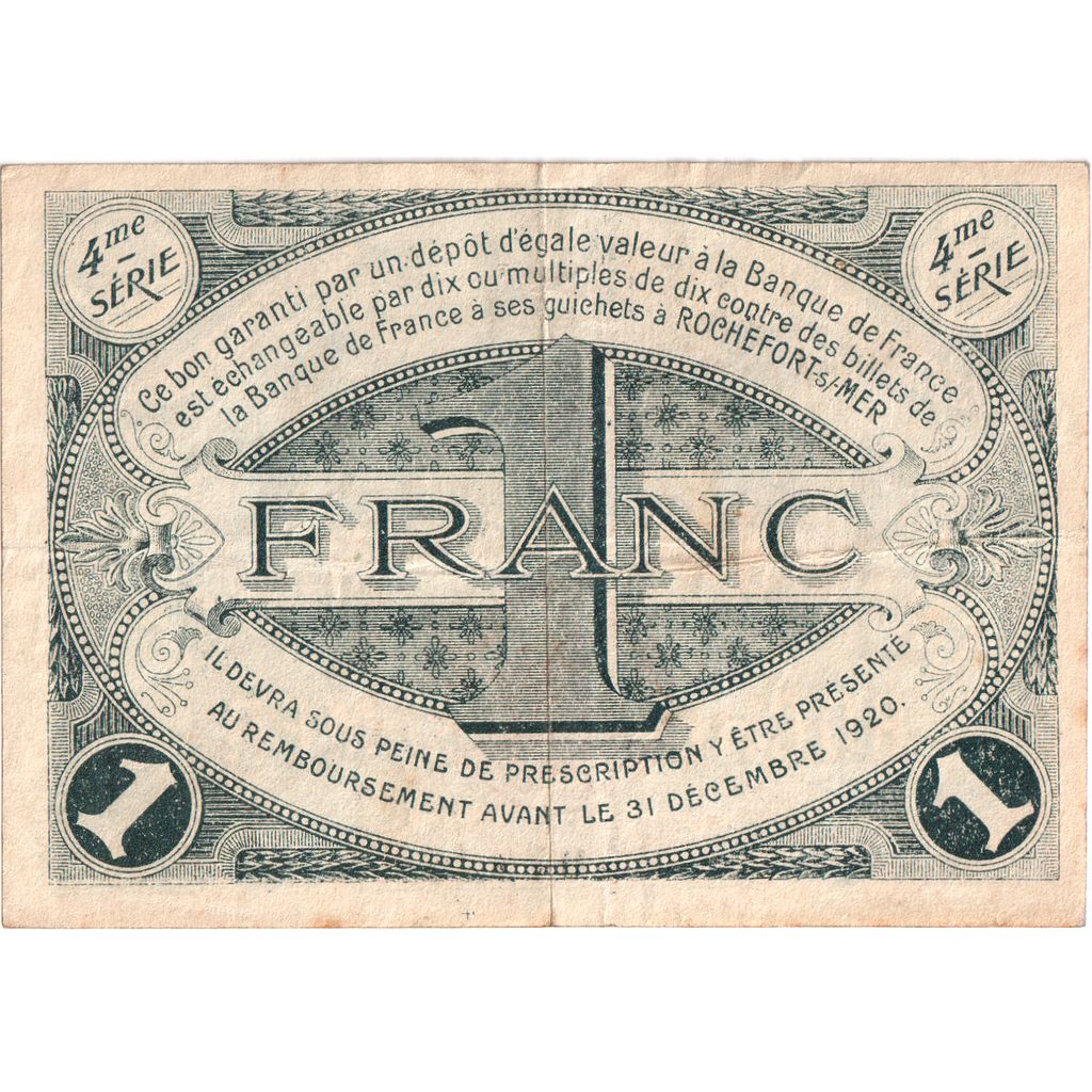 France, ROCHEFORT S/MER, 1 Franc, 1920-12-31, Chambre de Commerce, EF(40-45)