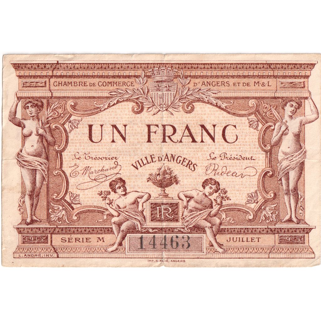 France, Angers, 1 Franc, 1915-07, Chambre de Commerce, EF(40-45)