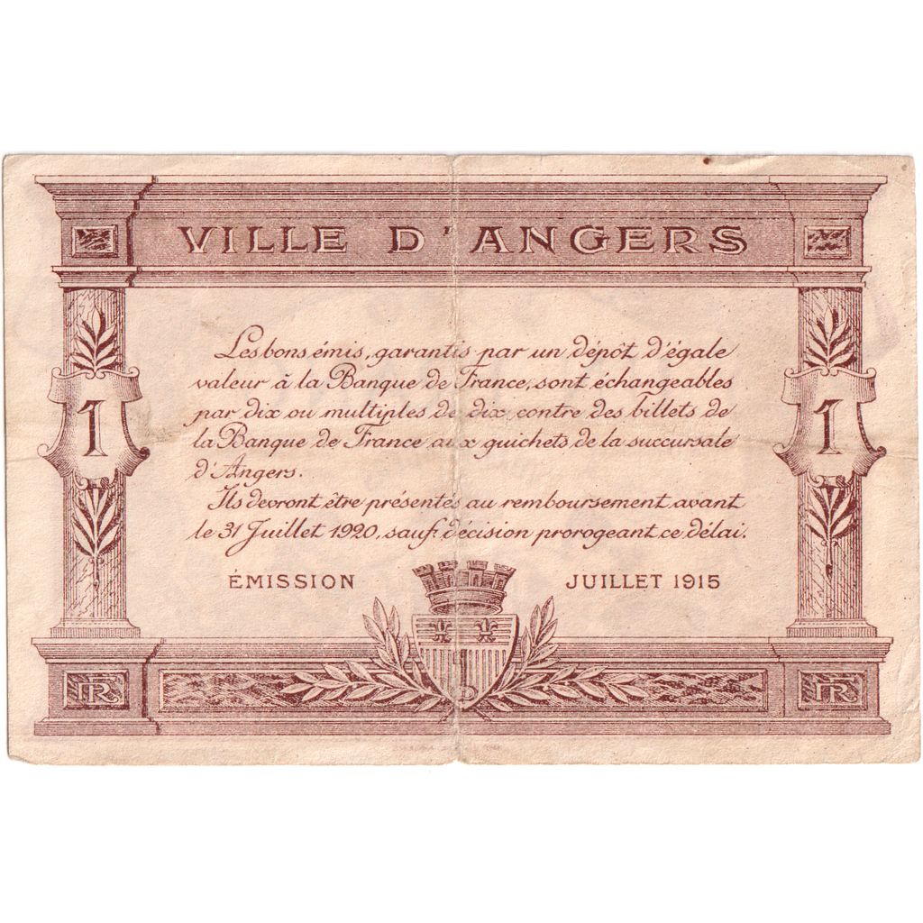 France, Angers, 1 Franc, 1915-07, Chambre de Commerce, EF(40-45)