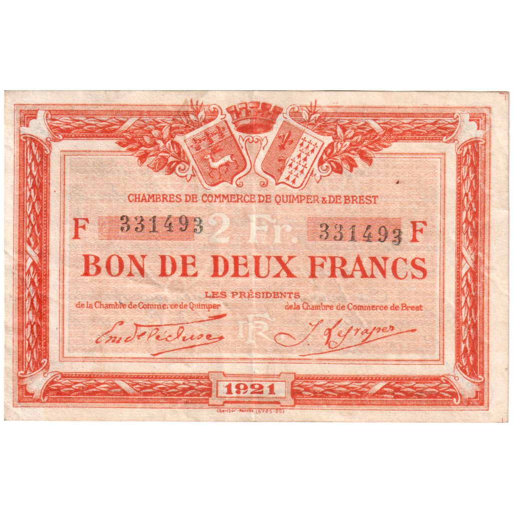 France, Quimper & Brest., 2 Francs, Undated (1915), Chambre de commerce / Bon