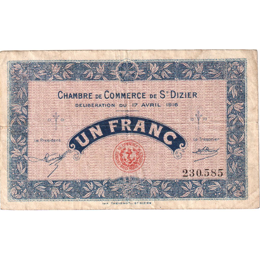France, Saint-Dizier, 1 Franc, 1916-04-17, Chambre de Commerce, VF(20-25)
