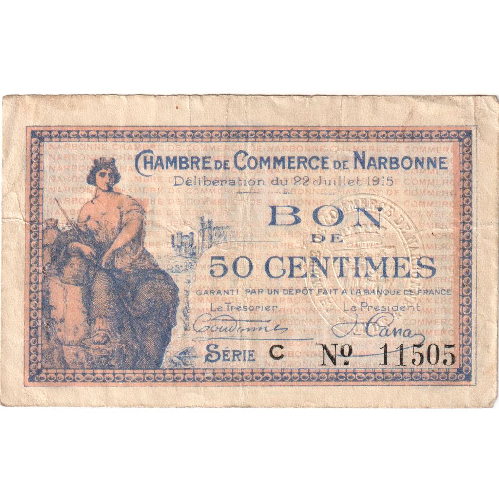 France, Narbonne, 50 Centimes, 1915-07-22, Chambre de commerce / Bon de