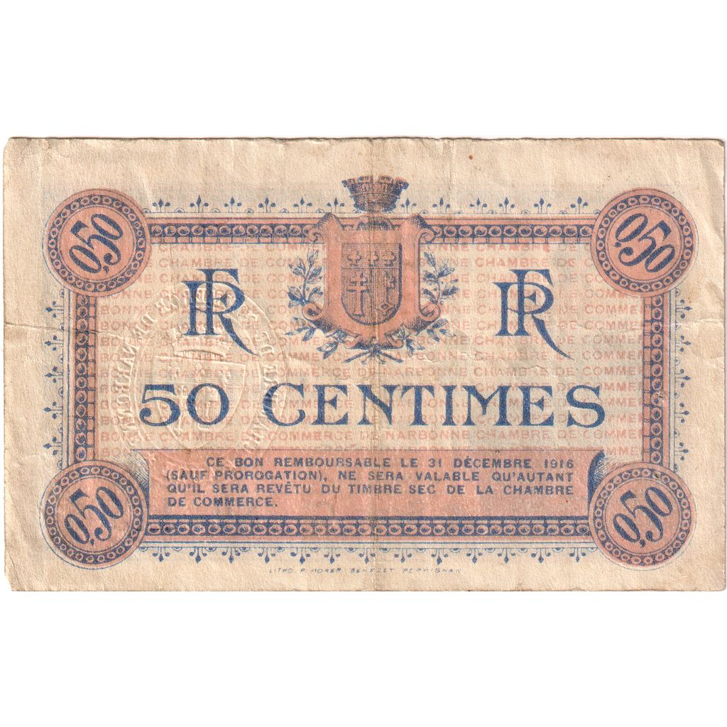 France, Narbonne, 50 Centimes, 1915-07-22, Chambre de commerce / Bon de