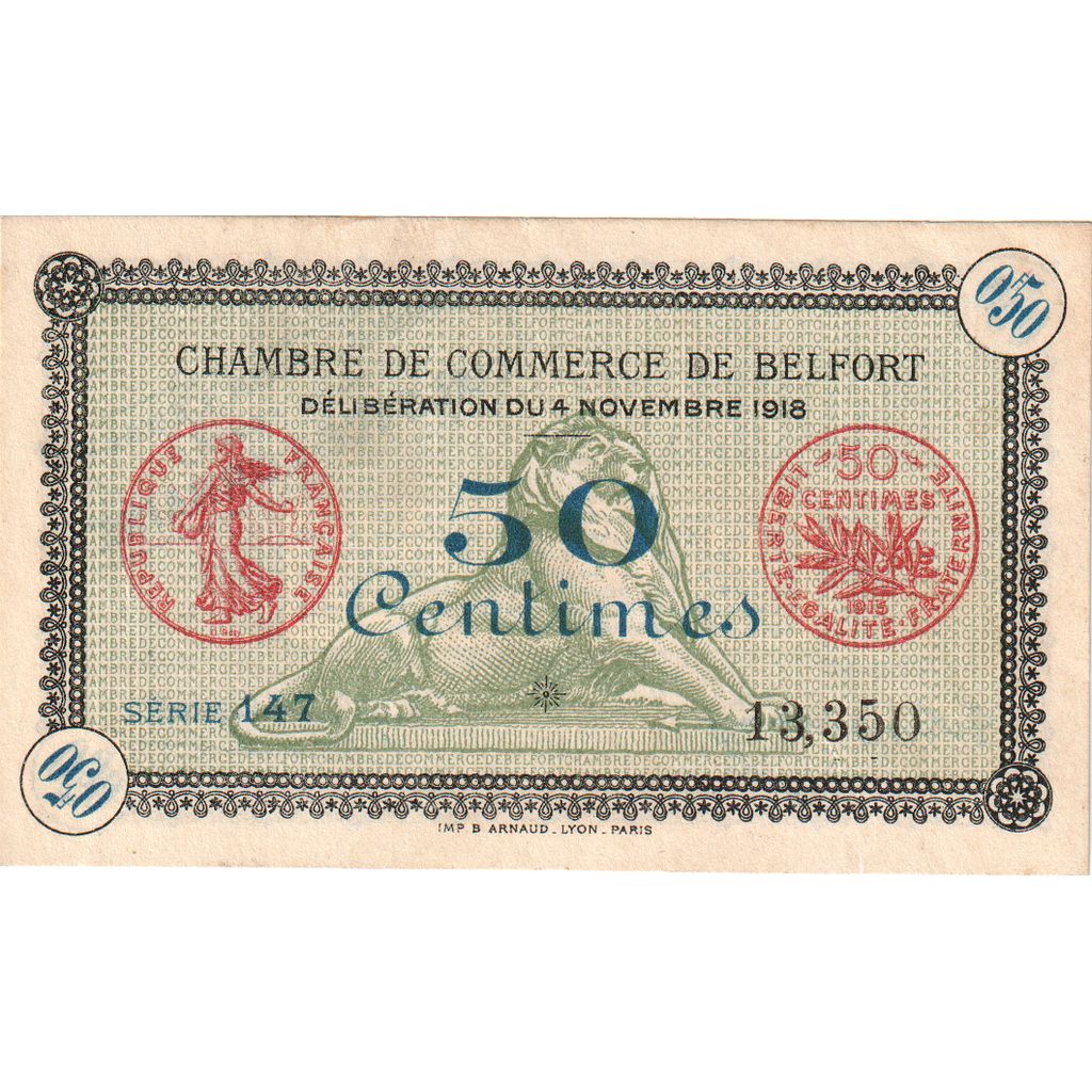 France, Belfort, 50 Centimes, 1918-11-04, Chambre de Commerce, AU(50-53)
