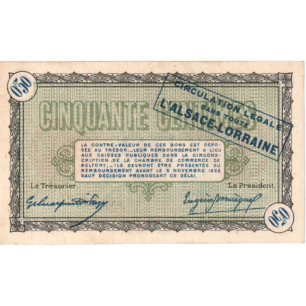 France, Belfort, 50 Centimes, 1918-11-04, Chambre de Commerce, AU(50-53)