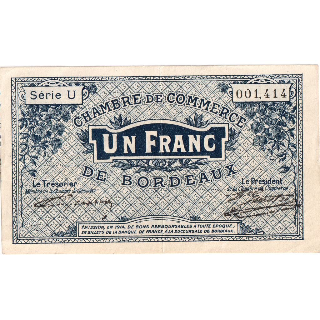 France, Bordeaux, 1 Franc, Undated (1914)., Chambre de Commerce, AU(50-53)